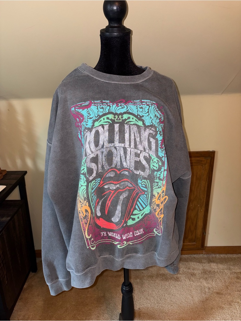 the Rolling Stones Gray Crewneck with Multicolor Tongue Graphic